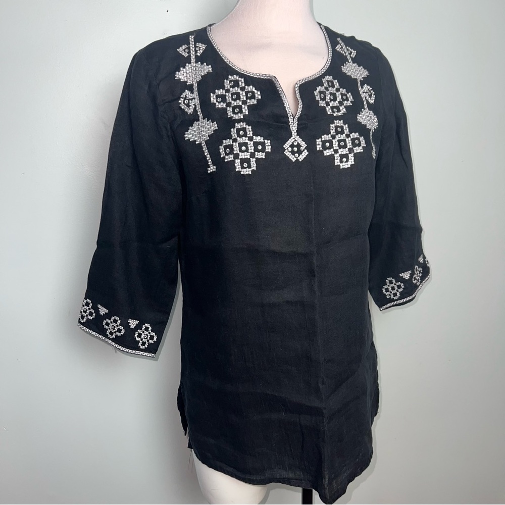 Multiples Black Linen Embroidered Tunic Top Women’s Size Medium